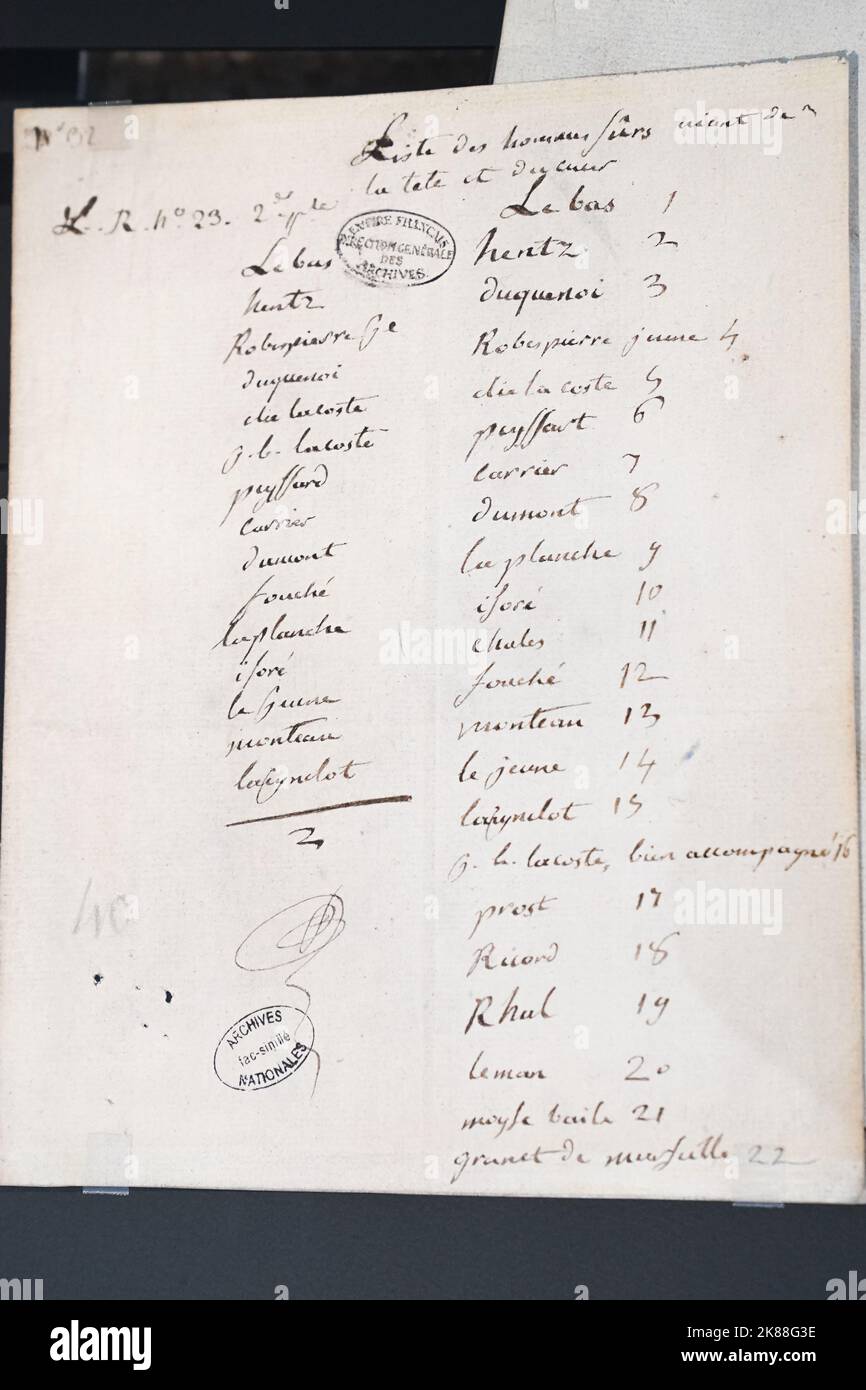 Maximillien Robespierre Archiv. Die Sammlung des Nationalarchivs Museum in Paris Stockfoto