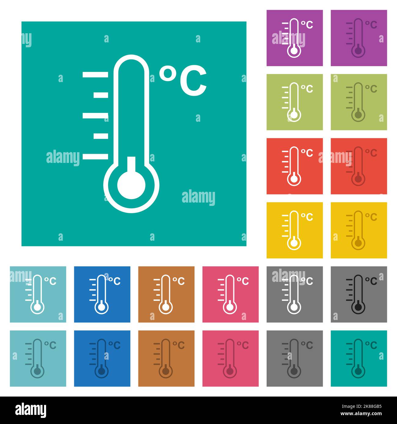 Mehrfarbige flache Symbole auf einfachem, quadratischem Hintergrund mit Temperaturmessung und Temperaturmessung im Celsius-Thermometer. Weiße und dunklere Symbolvarianten für schweben oder Acti enthalten Stock Vektor