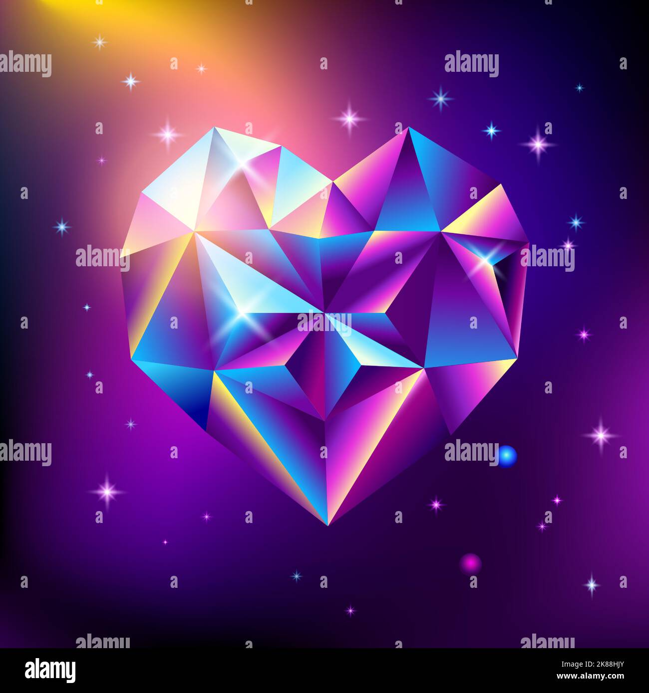 Abstrakt trendige kosmische Poster mit herzförmigen Kristall Edelsteine geometrische Form im Raum. Neon Galaxie Hintergrund. 80s-Stil. Poster mit geometrischem Muster Stock Vektor