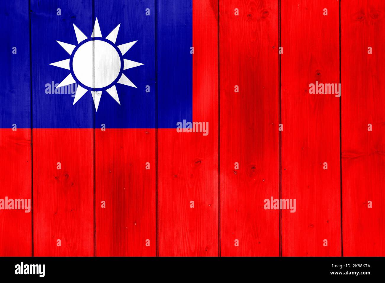 Taiwan-Flagge oder taiwanesisches Banner auf Holzplanken-Struktur. Stockfoto