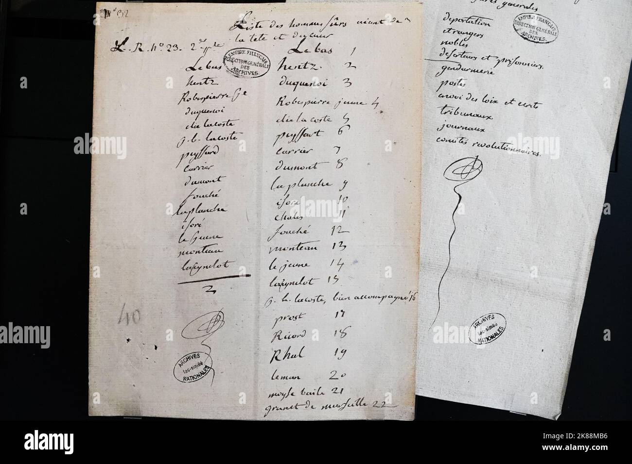 Robespierre Dokumente im Nationalarchivmuseum - Hôtel de Soubise Sammlung in Paris Stockfoto