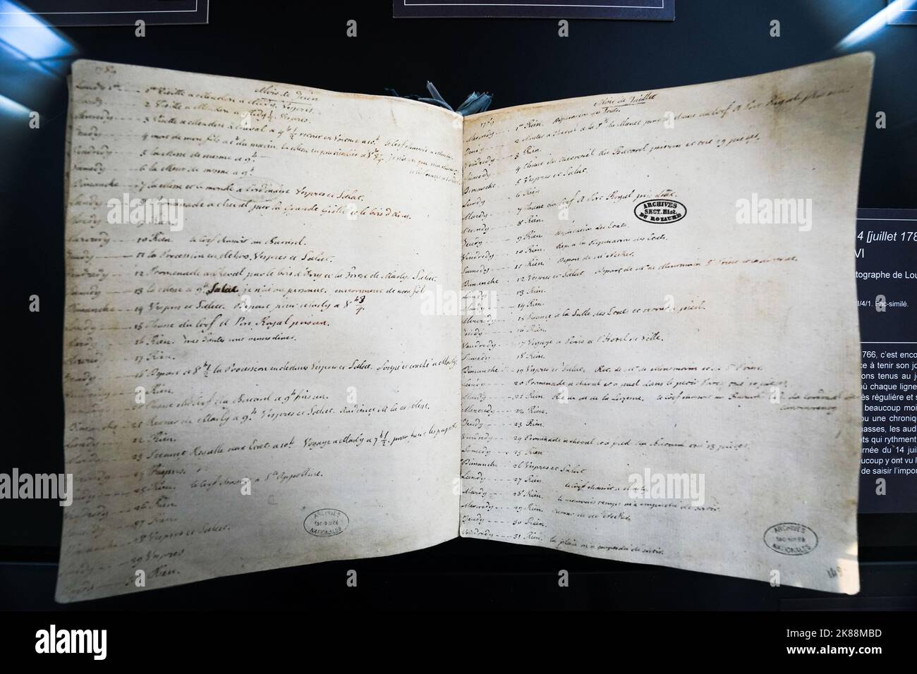 Die offene Seite aus dem persönlichen Tagebuch des französischen Königs Ludwig XVI Am 14. juli 1789 schrieb er im Hôtel de Soubise "nichts" Stockfoto