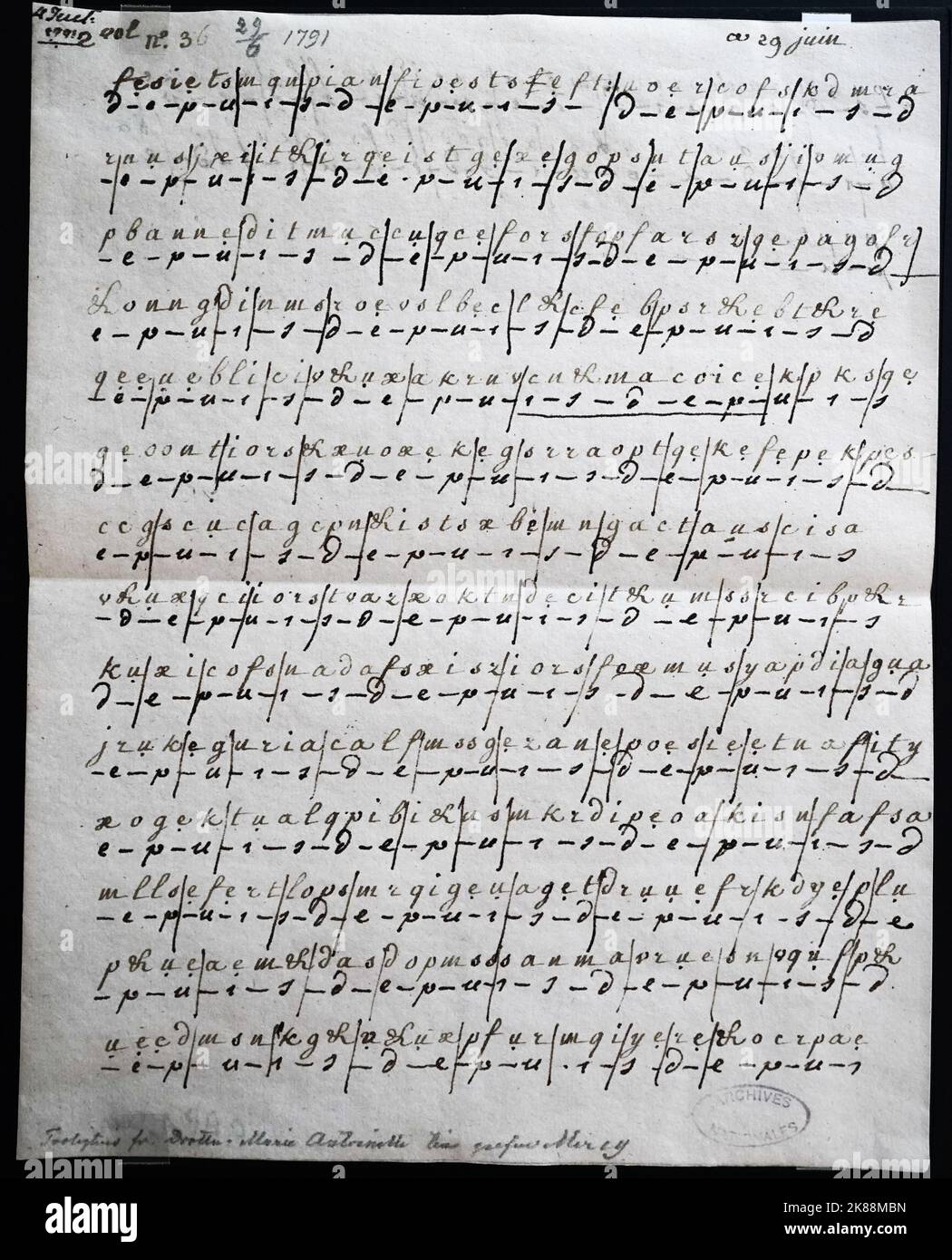 Codierter Brief von Marie Antoinette an ihren Liebhaber Axel von Fersen im Hôtel de Soubise Stockfoto