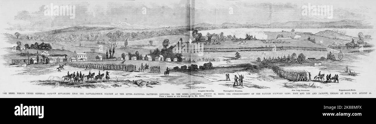 Die Rebellentruppen unter General Stonewall Jackson, die auf die Rappahannock-Station am Fluss vorrücken - National Batteries, die auf die Rebel-Artillerie antworten, am 23.. August 1862, als Beginn der Kämpfe zwischen den Generälen John Pope und Robert E. Lee und Stonewall Jackson, die am Bull Run, 30.. August, enden. Erste Schlacht von Rappahannock Station. Illustration des amerikanischen Bürgerkriegs des 19.. Jahrhunderts aus Frank Leslie's Illustrated Newspaper Stockfoto