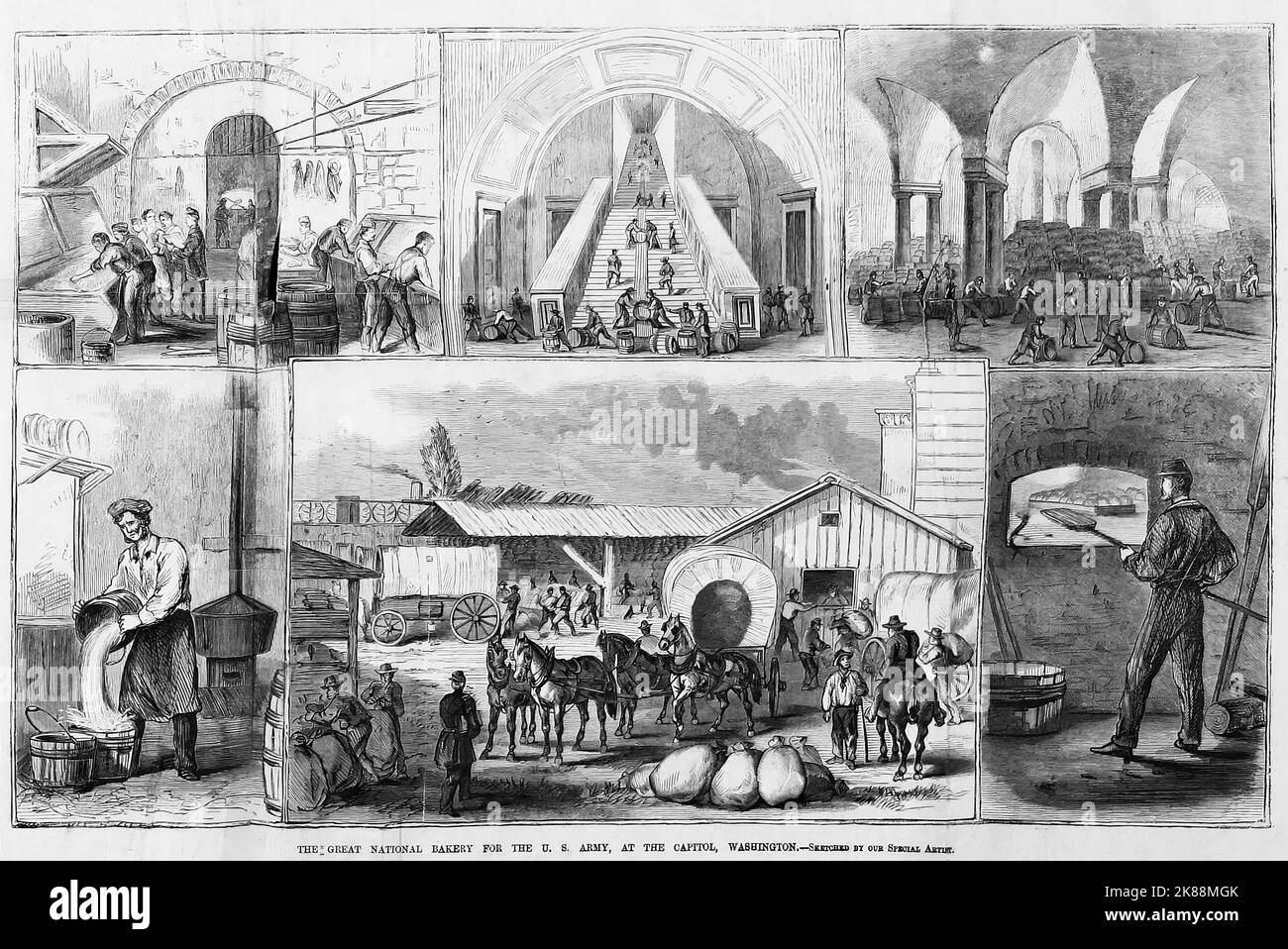 Die große National Bakery für die US-Armee, in der Hauptstadt, Washington, D. C. September 1862. Illustration des amerikanischen Bürgerkriegs des 19.. Jahrhunderts aus Frank Leslie's Illustrated Newspaper Stockfoto