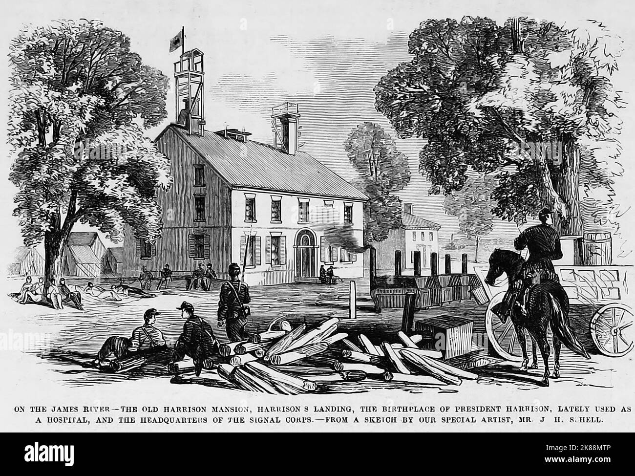 Am James River - das alte Harrisons Mansion, Harrisons Landing, der Geburtsort von Präsident William Henry Harrisons, kürzlich als Krankenhaus genutzt, und das Hauptquartier des Signal Corps. August 1862. Illustration des amerikanischen Bürgerkriegs des 19.. Jahrhunderts aus Frank Leslie's Illustrated Newspaper Stockfoto