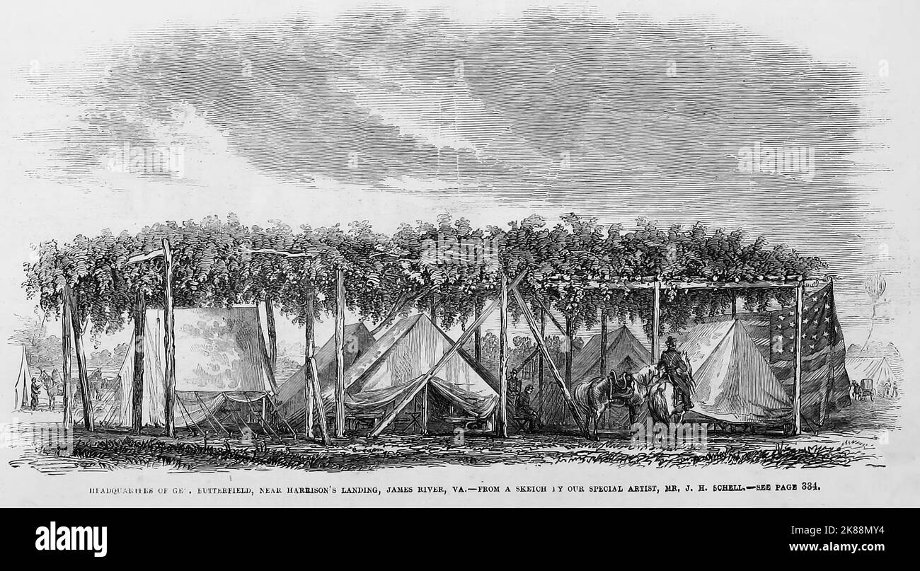 Hauptquartier von General Daniel Adams Butterfield, in der Nähe von Harrisons Landing, James River, Virginia. August 1862. Illustration des amerikanischen Bürgerkriegs des 19.. Jahrhunderts aus Frank Leslie's Illustrated Newspaper Stockfoto