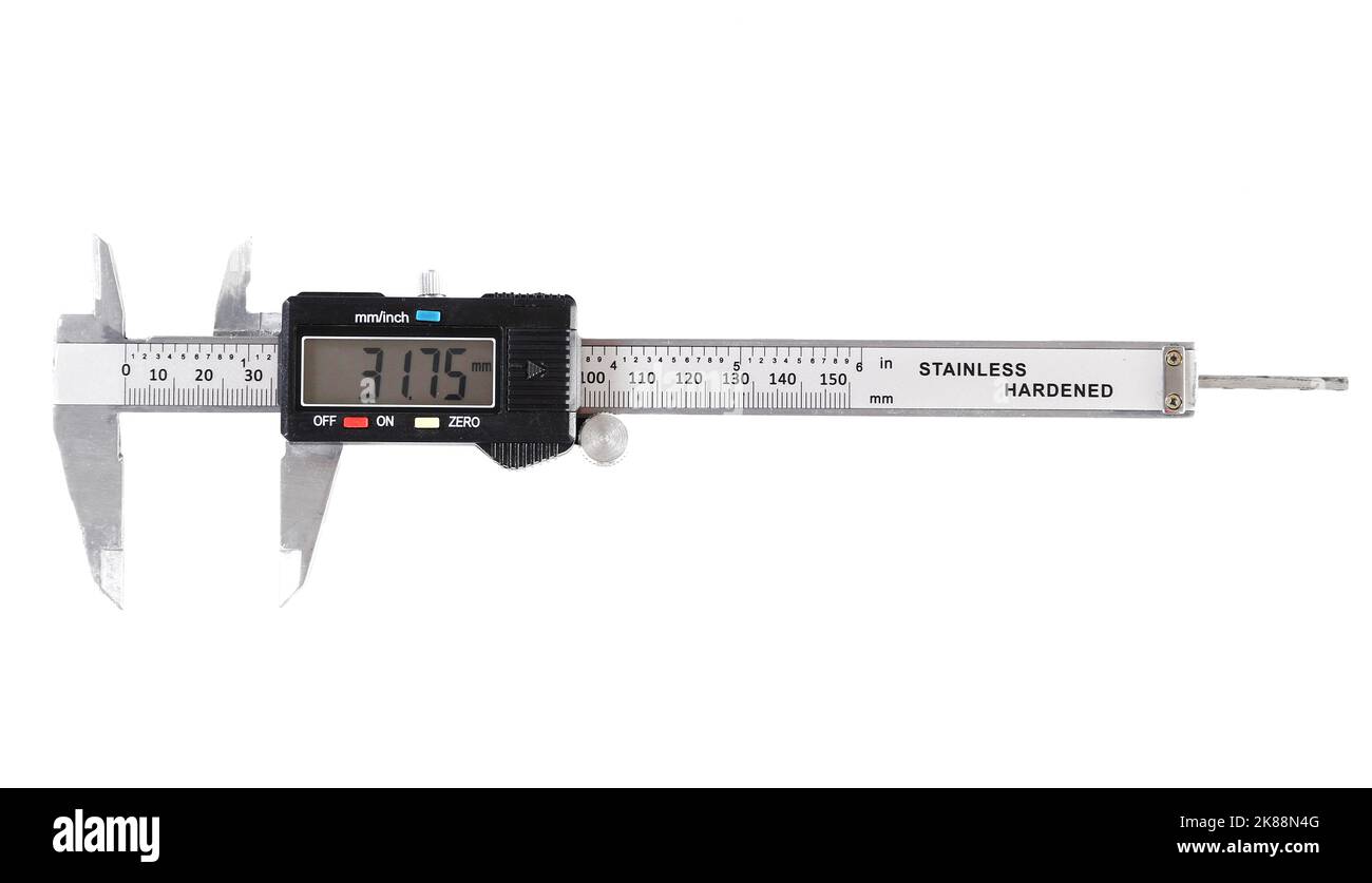 Elektronischer Messschieber isoliert auf weißem Hintergrund Stockfoto