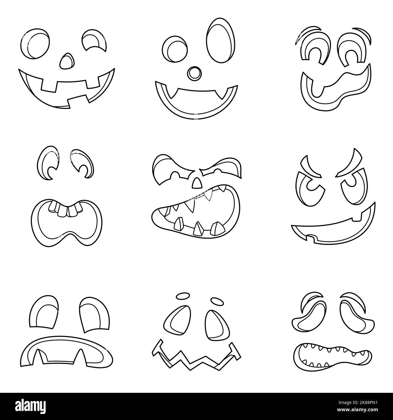 Eine Reihe emotionaler Gesichtsausdrücke für den Kürbis mit Laterne. Eine Sammlung von verschiedenen Augen und Mündern für Comic-Figuren für Halloween. Anpassbare Elemente für das Design. Stock Vektor