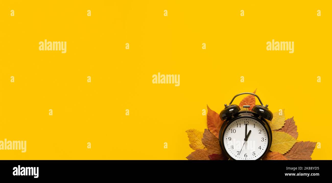 Herbst Komposition Sale Banner mit getrockneten Blättern und schwarzem Wecker auf pastellgelbem Hintergrund. Herbst, Fall Flat Lay, Draufsicht, Kopierbereich Stockfoto