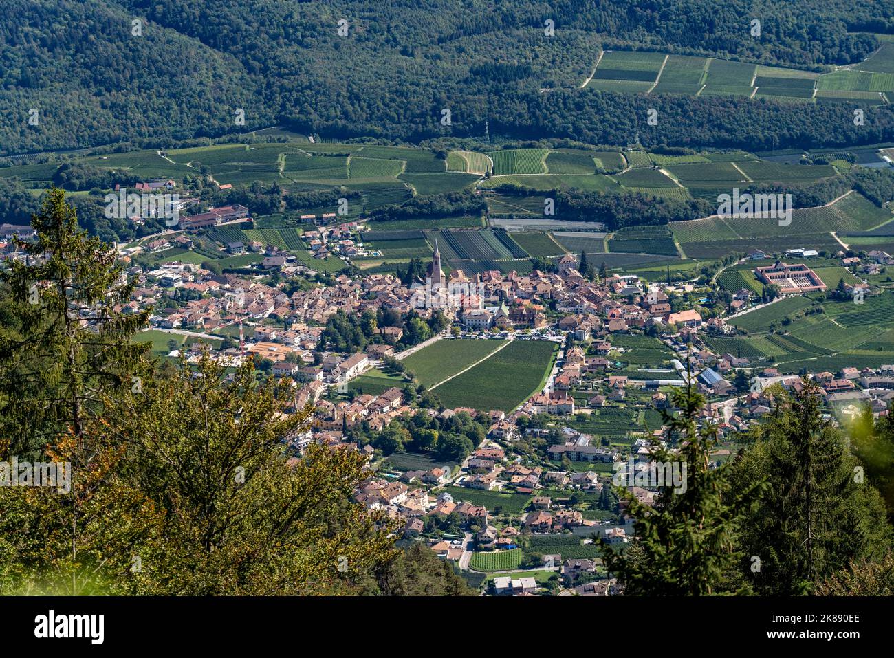 Das Dorf Kaltern, an der Südtiroler Weinstraße, umgeben von Weinbergen und Apfelplantagen, Etschtal, Italien Stockfoto