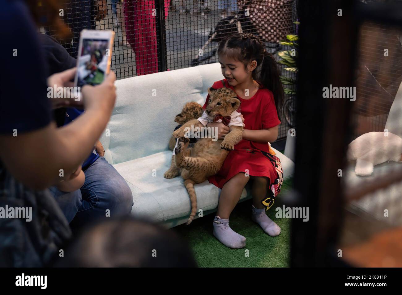 Das Kind posiert für Fotos mit dem Löwenjungen bei einer Ausstellung für Tiervielfalt. Die International Pet Variety Exhibition in Bangkok, Thailand, ist laut den Organisatoren die größte internationale Indoor-Heimtiermesse in der ASEAN-Region. 150000 lokale und internationale Besucher nahmen an der Ausstellung Teil, die über 200 Stände umfasste, an denen die Besucher Haustiere adoptieren, Haustierwaren kaufen und mit exotischen Tieren interagieren konnten. Stockfoto