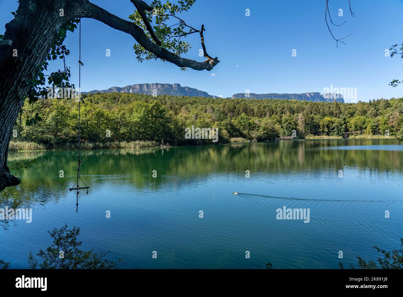 Die Montiggler Seen, an der Südtiroler Weinstraße, Biotop und Erholungsgebiet, der kleine Montiggler See, in der Nähe des Dorfes Kaltern, Italien Stockfoto