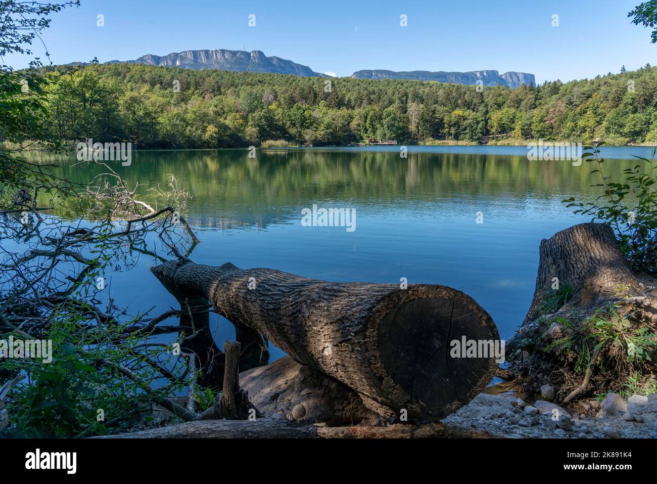 Die Montiggler Seen, an der Südtiroler Weinstraße, Biotop und Erholungsgebiet, der kleine Montiggler See, in der Nähe des Dorfes Kaltern, Italien Stockfoto