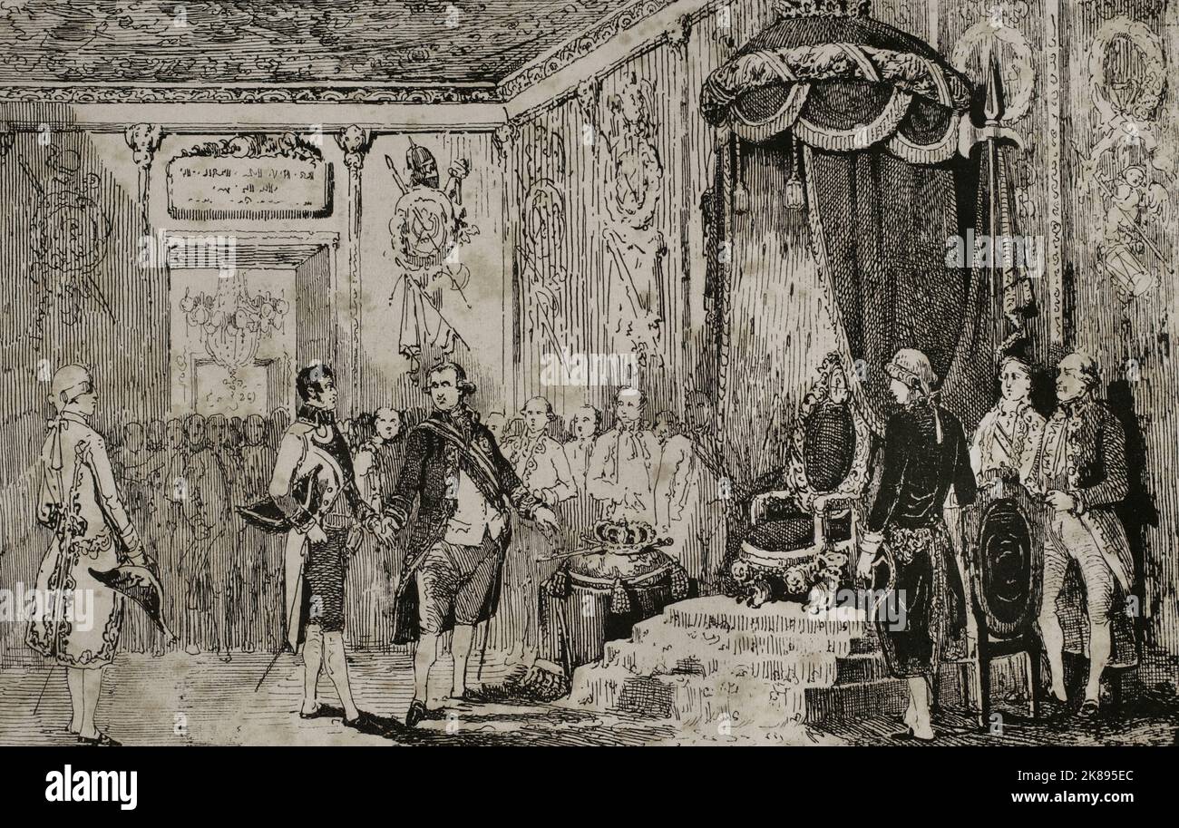 Abdankung von König Karl IV. Zugunsten seines Sohnes Ferdinand VII. Stockfoto