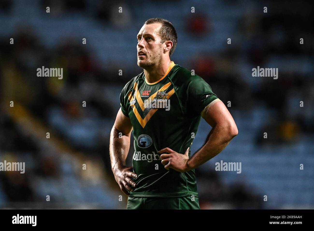 Isaah Yeo aus Australien beim Rugby League World Cup 2021 Spiel Australien gegen Schottland in der Coventry Building Society Arena, Coventry, Großbritannien, 21.. Oktober 2022 (Foto von Craig Thomas/News Images) in, am 10/21/2022. (Foto von Craig Thomas/News Images/Sipa USA) Quelle: SIPA USA/Alamy Live News Stockfoto