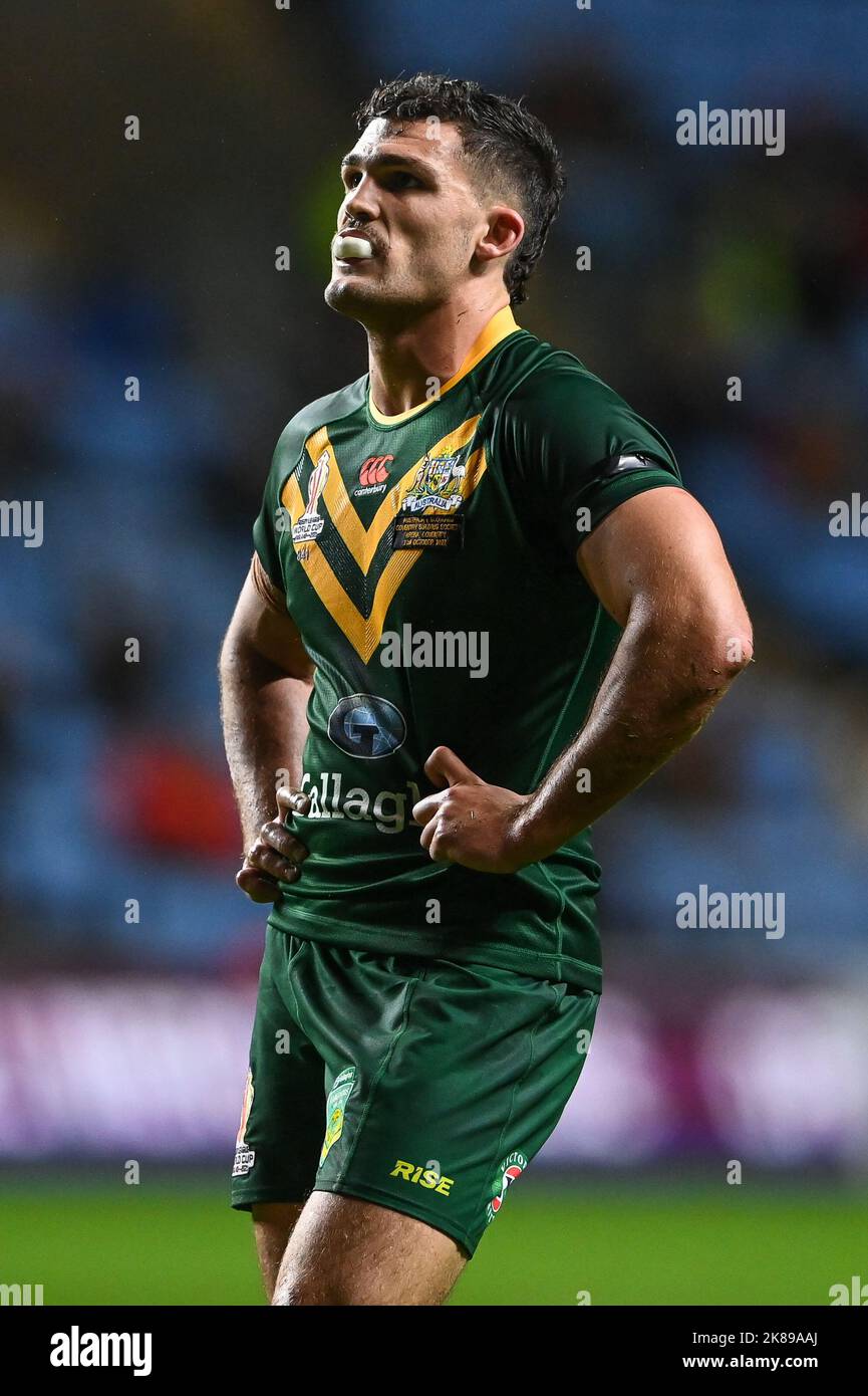 Nathan Cleary aus Australien beim Rugby League World Cup 2021 Spiel Australien gegen Schottland in der Coventry Building Society Arena, Coventry, Großbritannien, 21.. Oktober 2022 (Foto von Craig Thomas/News Images) in, am 10/21/2022. (Foto von Craig Thomas/News Images/Sipa USA) Quelle: SIPA USA/Alamy Live News Stockfoto
