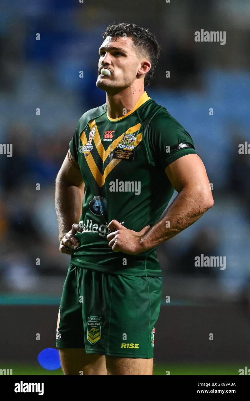 Nathan Cleary aus Australien beim Rugby League World Cup 2021 Spiel Australien gegen Schottland in der Coventry Building Society Arena, Coventry, Großbritannien, 21.. Oktober 2022 (Foto von Craig Thomas/News Images) in, am 10/21/2022. (Foto von Craig Thomas/News Images/Sipa USA) Quelle: SIPA USA/Alamy Live News Stockfoto