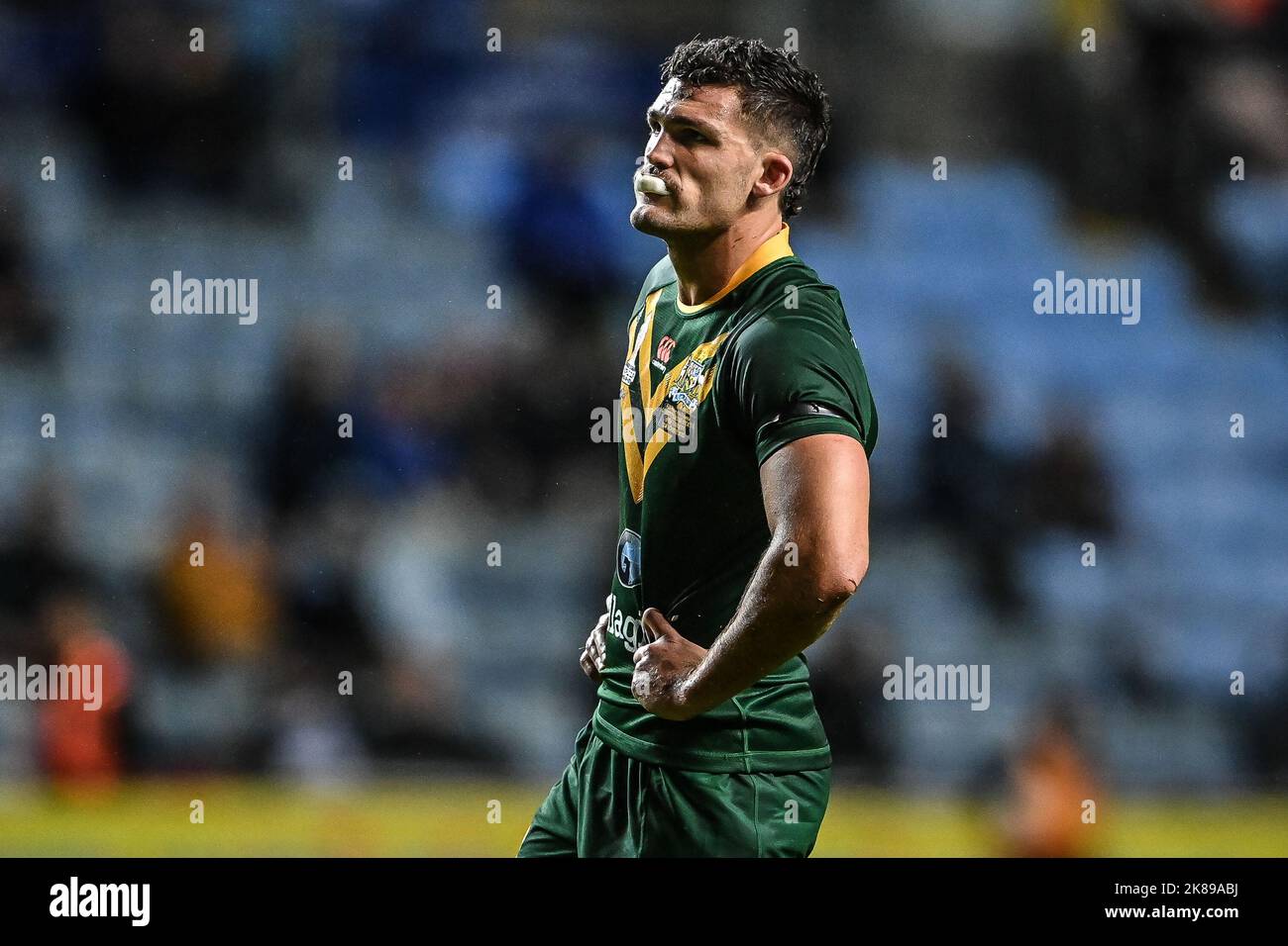 Nathan Cleary aus Australien beim Rugby League World Cup 2021 Spiel Australien gegen Schottland in der Coventry Building Society Arena, Coventry, Großbritannien, 21.. Oktober 2022 (Foto von Craig Thomas/News Images) in, am 10/21/2022. (Foto von Craig Thomas/News Images/Sipa USA) Quelle: SIPA USA/Alamy Live News Stockfoto