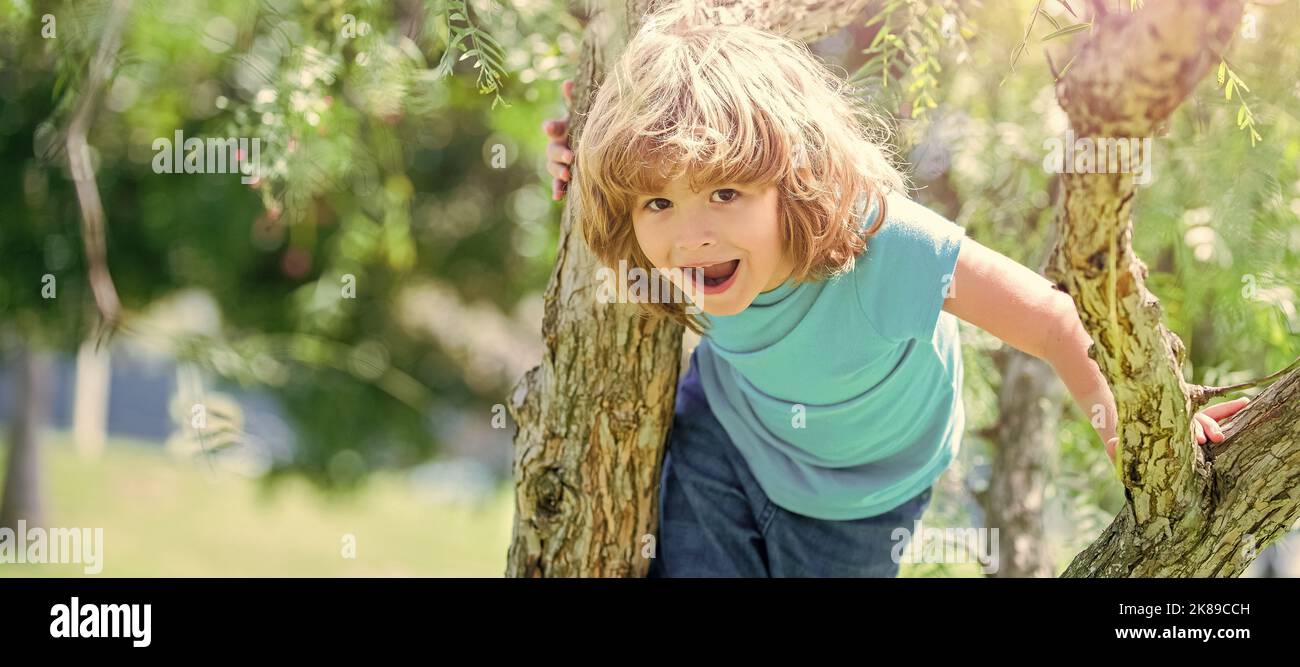 Glücklich energisch Junge Kind klettern Baum Sommer im Freien, Baum klettern. Horizontales Posterdesign. Web-Banner-Header, Kopierbereich. Stockfoto