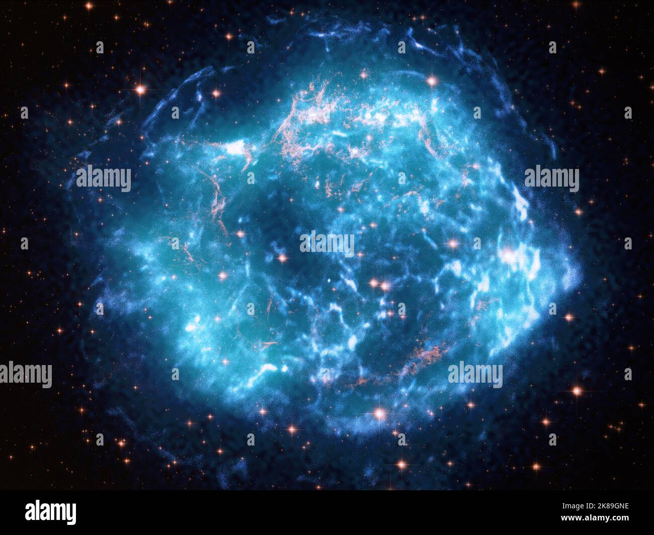 Platz. 21. Oktober 2022. Als ein massiver Stern im Sternbild Cassiopeia einstürzte, erzeugte er eine Supernova-Explosion mit einigen der schnellsten Schockwellen in der Milchstraße. Diese schnellen Schockwellen sind einer der Gründe, warum der Supernova-Überrest von Cassiopeia A (Cas A) zum ersten beobachteten Objekt unseres Imaging X-ray Polarimetry Explorers (IXPE) gewählt wurde. Dieses zusammengesetzte Bild, das aus Daten von IXPE, dem Chandra Observatorium und dem Hubble-Teleskop besteht, zeigt Cas A. IXPE's Untersuchung von Cas A vom 11. Bis 29. Januar 2022 und fügte entscheidende Informationen über das Verhalten explodierter Sterne magnetisch f hinzu Stockfoto