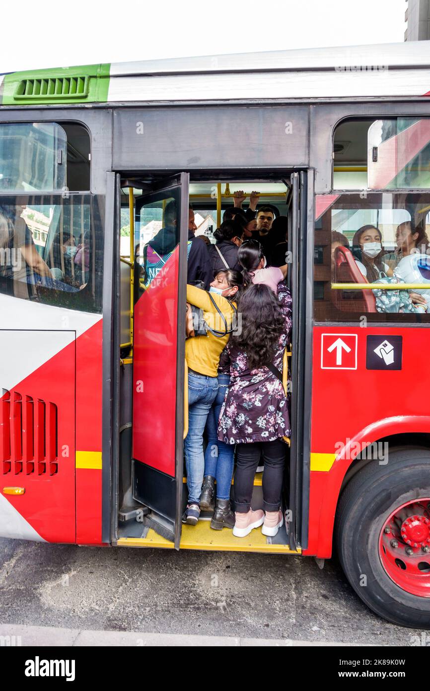 Bogota Kolumbien,Chapinero Norte Avenida Carrera 7,Frau Frauen weibliche Dame,Transmilenio öffentlicher Bus überfüllt verpackt drängen quetschen Fahrer passen Stockfoto