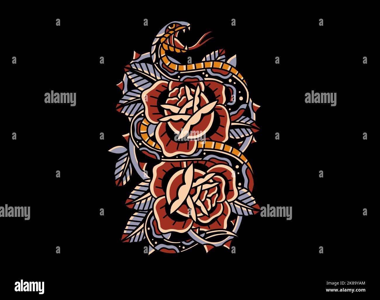 Old School traditionelle Tattoo inspiriert cool Grafik Design Illustration Schlange mit Rosen für Merchandise T-Shirts Aufkleber Tapeten Label Logos Stockfoto