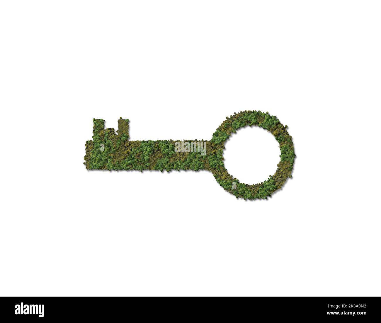 Green Key isoliert mit Waldform. 3D Grünes Schlüsselsymbol für das Konzept des Umwelttages mit weißem Hintergrund. Stockfoto