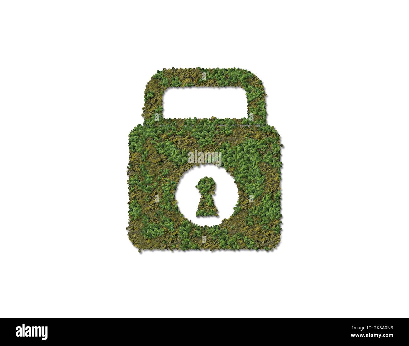 Grüne Schleuse isoliert mit Waldform. 3D Grünes Schloss-Symbol für Environment Day Concept mit weißem Hintergrund. Vereinbarungen von Paris Stockfoto