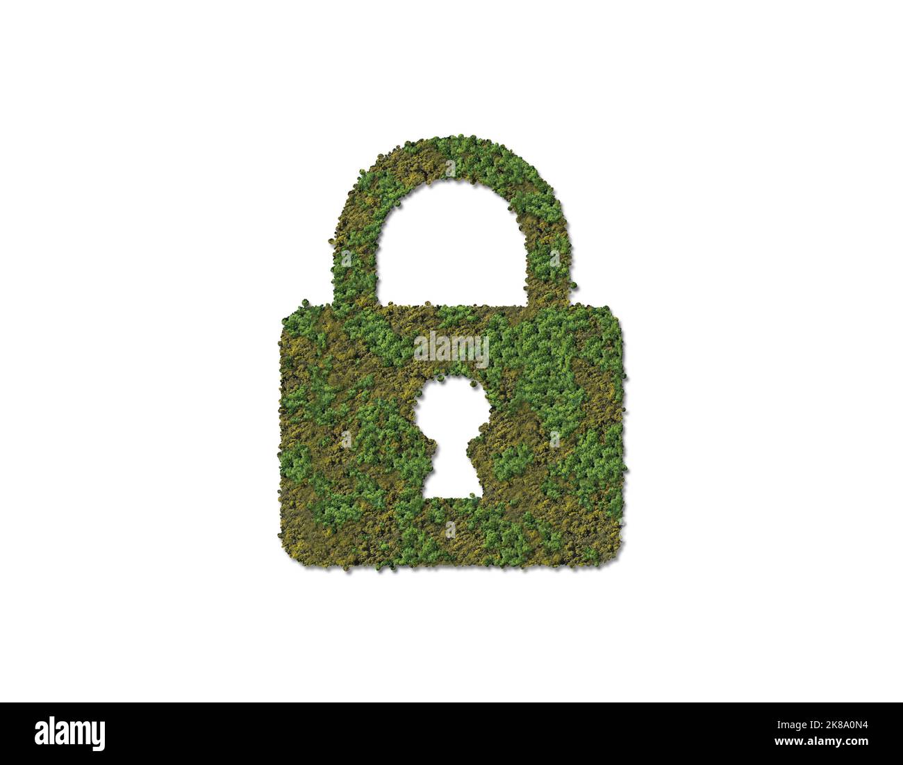 Grüne Schleuse isoliert mit Waldform. 3D Grünes Schloss-Symbol für Environment Day Concept mit weißem Hintergrund. Vereinbarungen von Paris Stockfoto