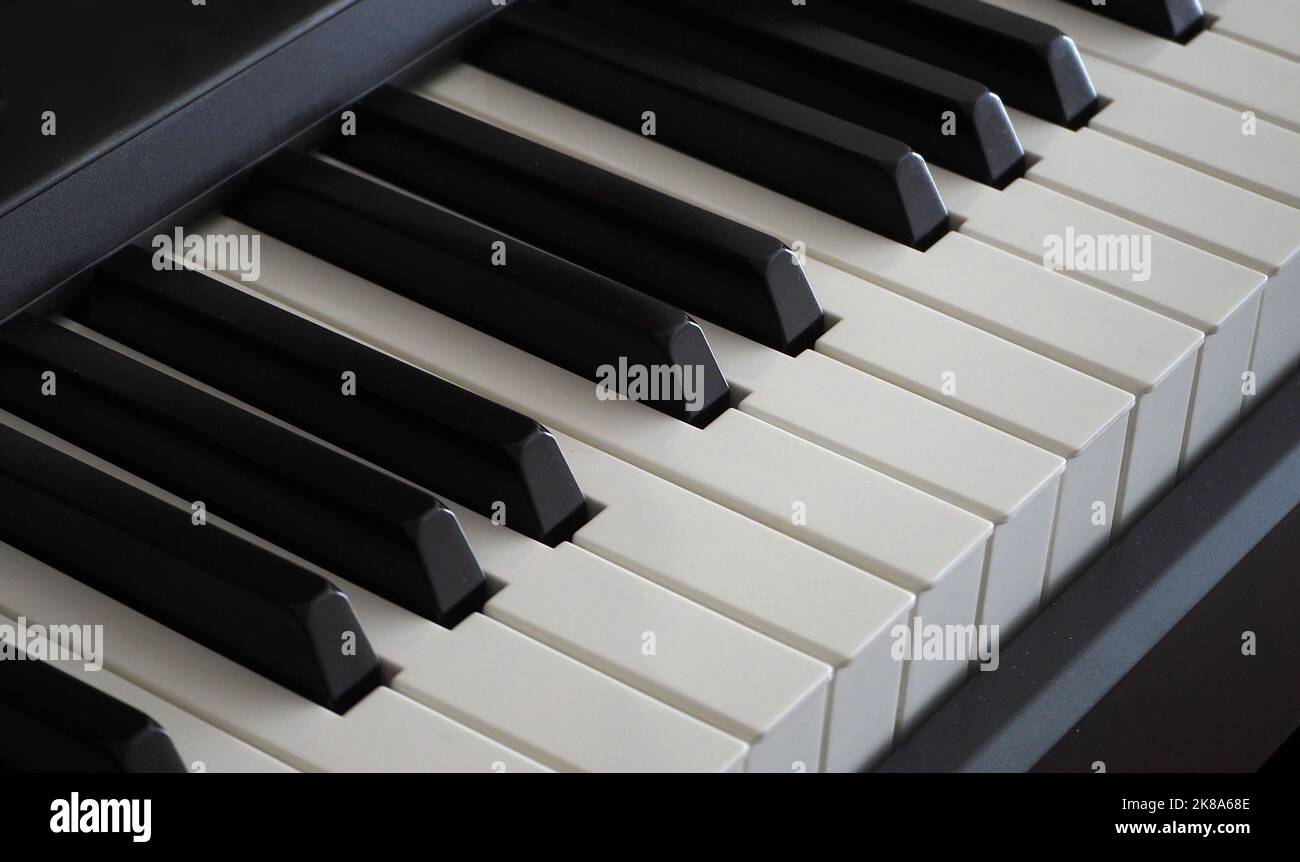 Nahaufnahme der weißen und schwarzen Tasten auf einem elektronischen Klavier. Diagonale Ansicht der Klaviertasten Stockfoto