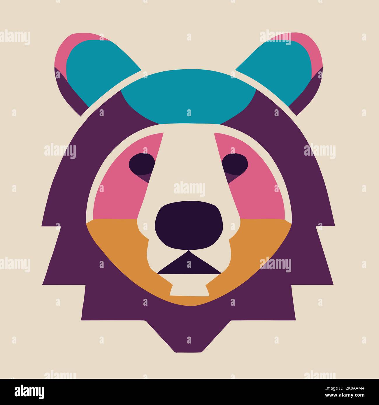 Vektordarstellung „Bear Face“. Pop Art Tier wild Schimpansen Kopf, kreative Charakter Maskottchen Logo Symmetrie-Design. Aufkleber mit leuchtenden Neonfarben. Grizzly Stock Vektor