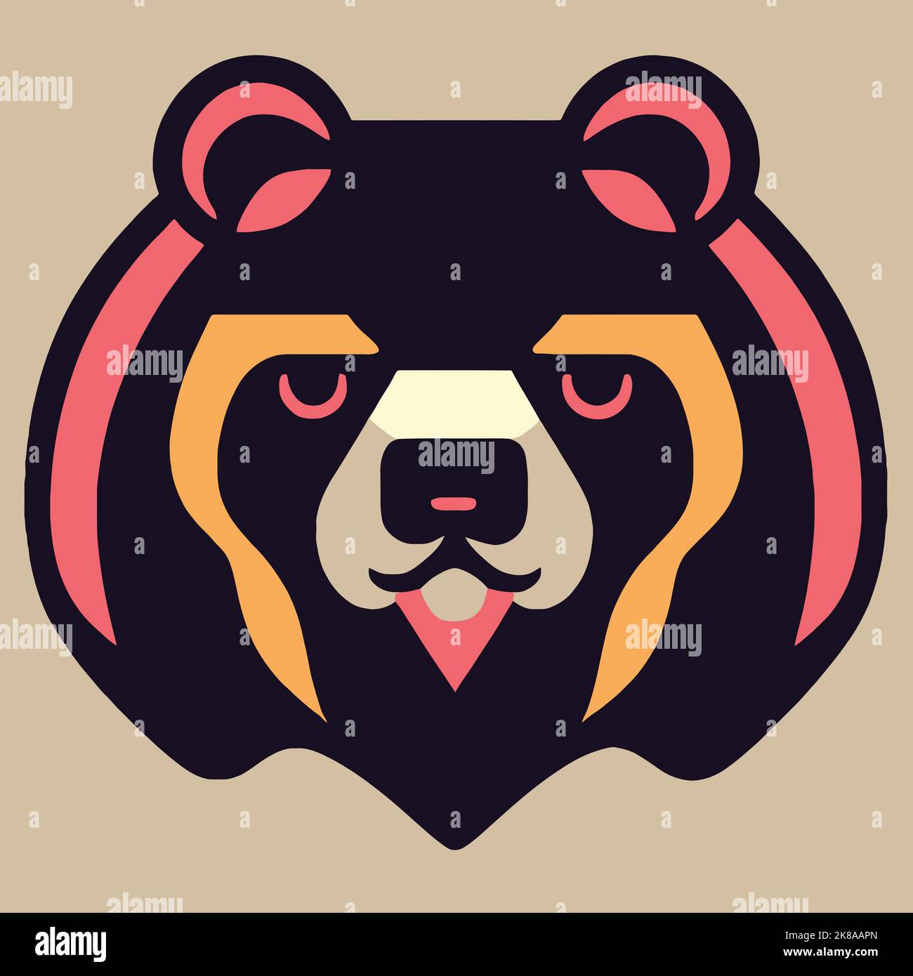 Vektordarstellung „Bear Face“. Pop Art Tier wild Schimpansen Kopf, kreative Charakter Maskottchen Logo Symmetrie-Design. Aufkleber mit leuchtenden Neonfarben. Grizzly Stock Vektor