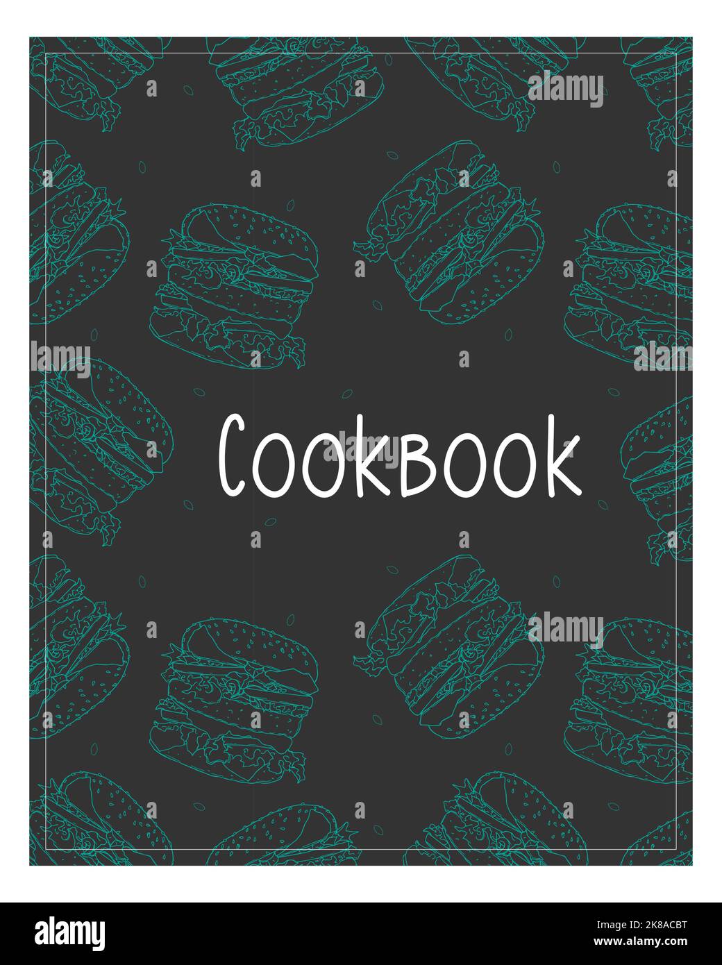 Kochbuch-Hintergrund mit blauem Burger von Hand gezeichnet. Vektorgrafik Stock Vektor