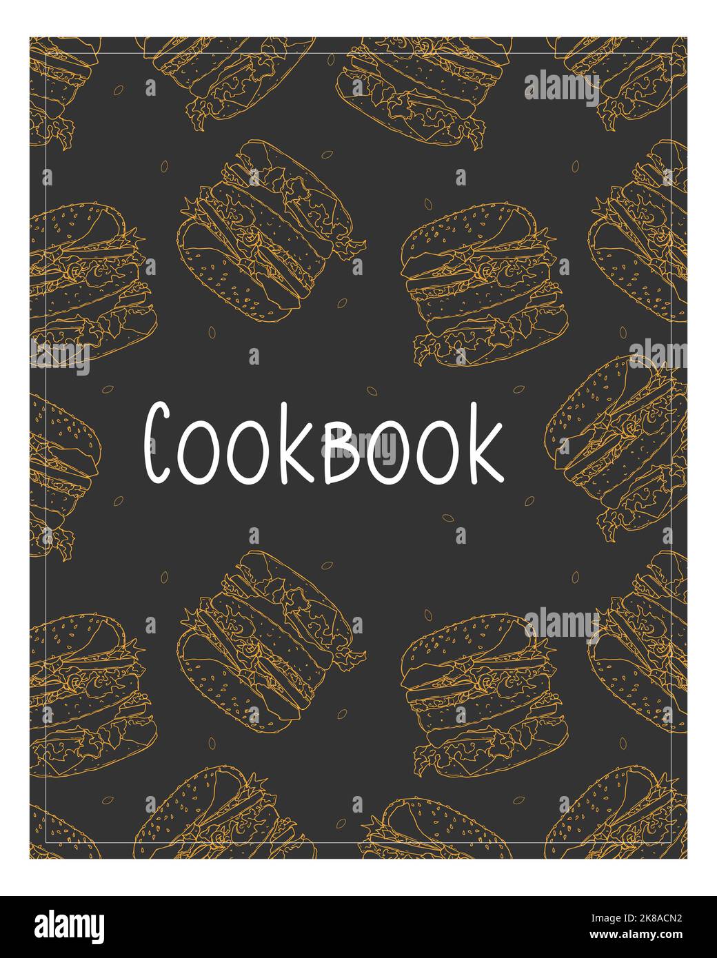 Kochbuch-Hintergrund mit orangefarbenem Burger von Hand gezeichnet. Vektorgrafik Stock Vektor
