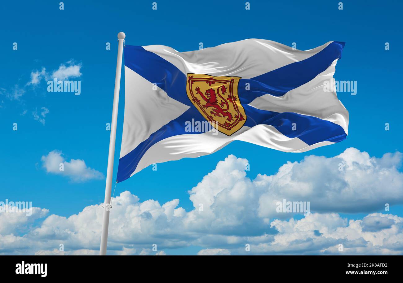 Flagge britisch-irischer Abstammung schottischer Kanadier bei wolkiger Himmelshintergrund, Panoramablick. Flagge, die ethnische Gruppe oder Kultur repräsentiert, regionaler Autor Stockfoto