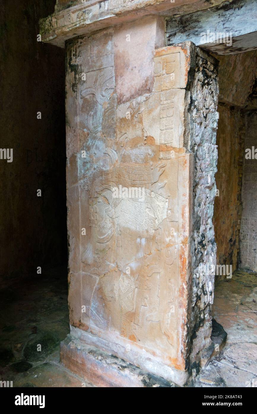 Blick auf die archäologische Stätte der Maya in Palenque in Chiapas, Mexiko. Maya-Ruinen und antikes Gebäude: bas-Relief am Kreuzentempel Stockfoto