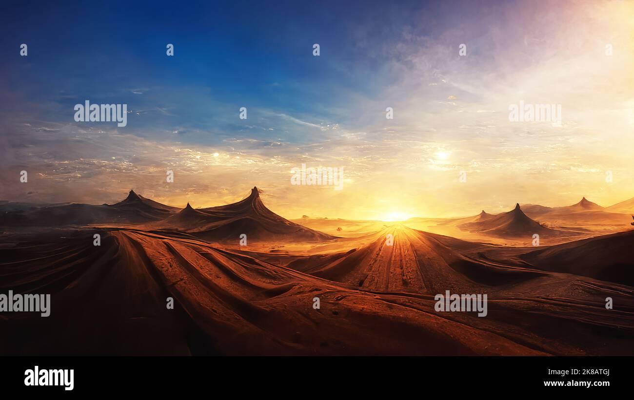 Wunderschöne Aussicht auf den Sonnenaufgang in der Wüste in der Nähe von Tabuk, Saudi-Arabien. Stockfoto