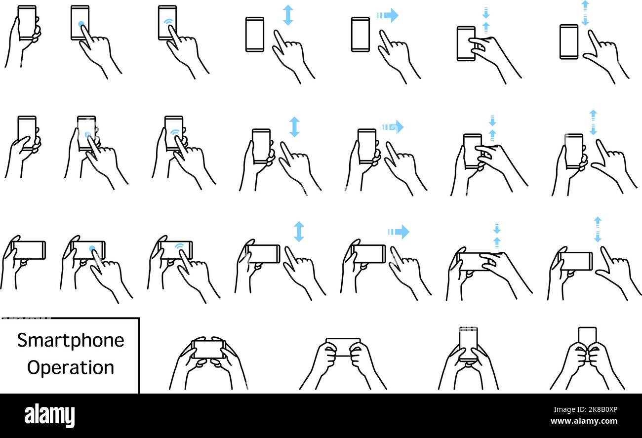 Darstellung der Aktionen zur Bedienung eines Smartphones (Pinch, Zoom, Swipe, flick, tip, Doppelt tippen) Stock Vektor