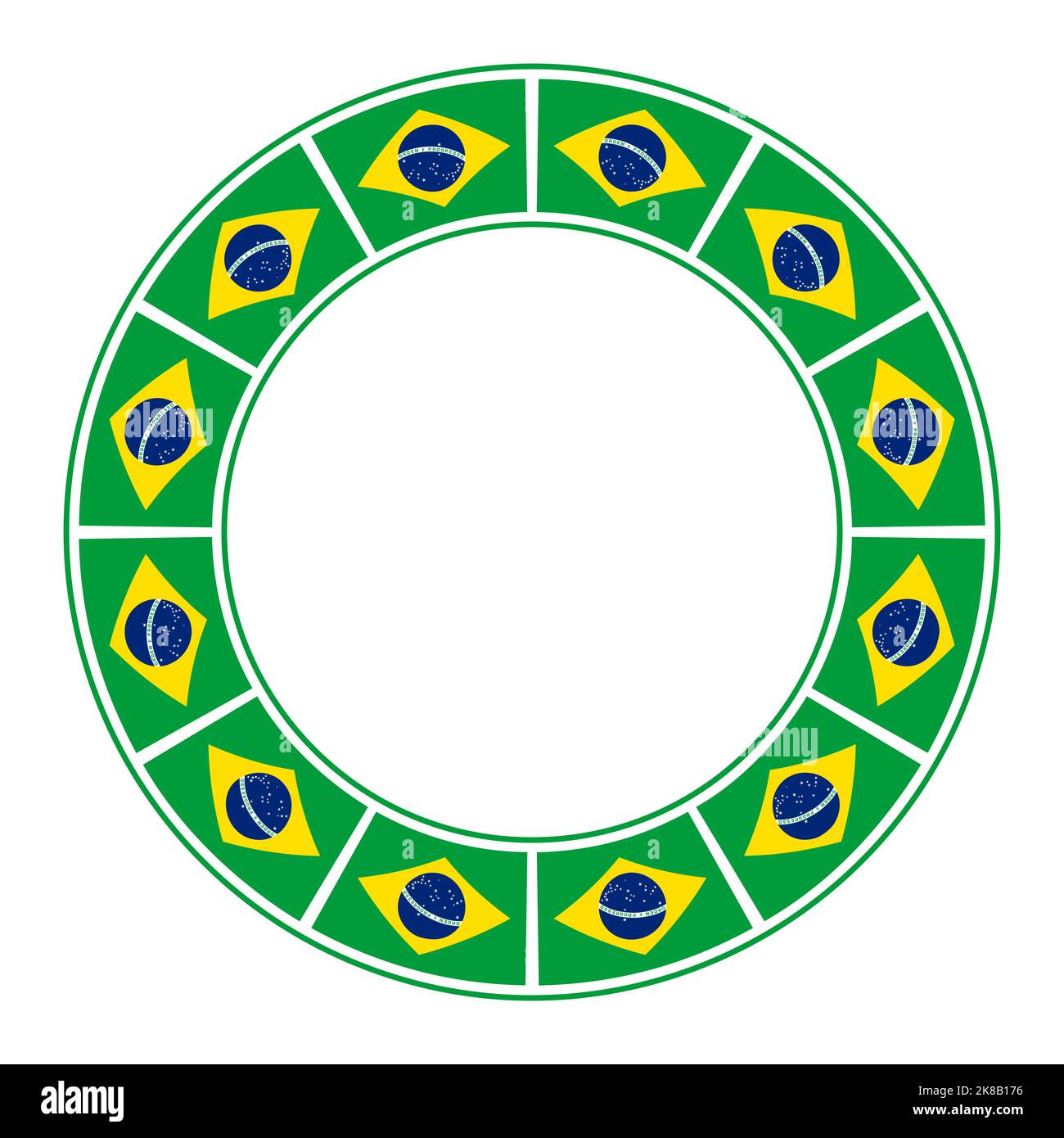 Flagge Brasiliens, Kreisrahmen. Grenze, aus dem wiederholten Motiv der Nationalflagge Brasiliens. Stockfoto