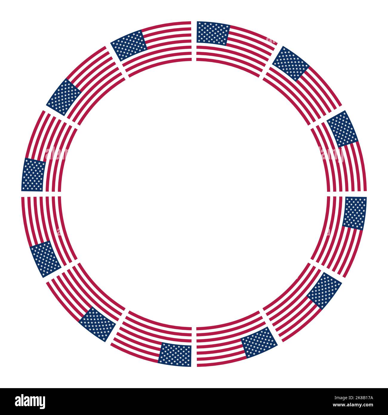 Flagge der Vereinigten Staaten, Kreisrahmen. Grenze, aus dem wiederholten Motiv der Nationalflagge der Vereinigten Staaten von Amerika. Stockfoto