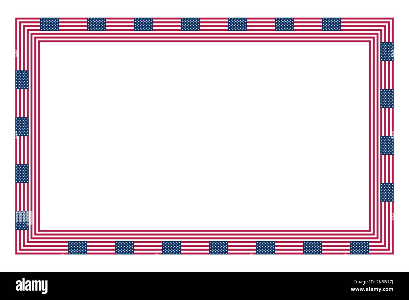 Flagge der Vereinigten Staaten, rechteckiger Rahmen. Grenze aus dem wiederholten Motiv der Nationalflagge der Vereinigten Staaten von Amerika. Stockfoto