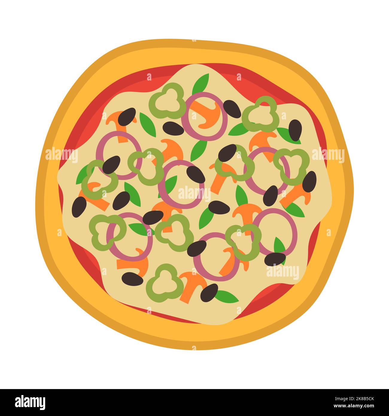 Symbole in der Pizza-Ansicht von oben. Italienische Küche mit Tomaten und Käse isoliert auf weißem Hintergrund. Köstliches Menü für ein Restaurant mit Käse, Pilze und mir Stock Vektor