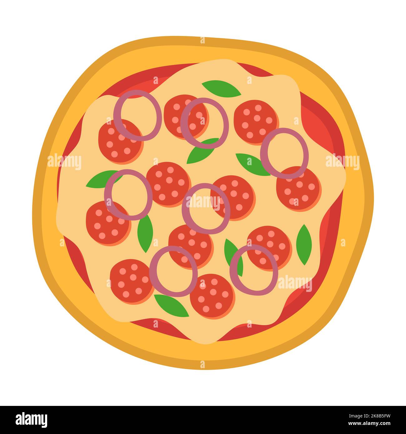 Symbole in der Pizza-Ansicht von oben. Italienische Küche mit Tomaten und Käse isoliert auf weißem Hintergrund. Köstliches Menü für ein Restaurant mit Käse, Pilze und mir Stock Vektor