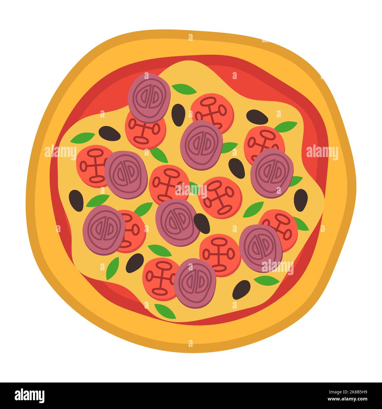 Symbole in der Pizza-Ansicht von oben. Italienische Küche mit Tomaten und Käse isoliert auf weißem Hintergrund. Köstliches Menü für ein Restaurant mit Käse, Pilze und mir Stock Vektor