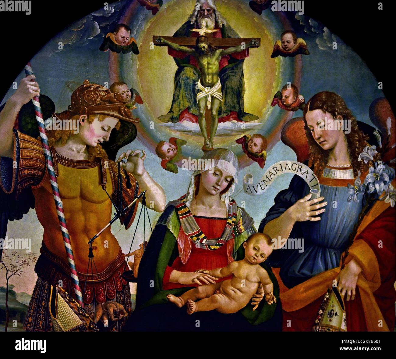 Die Dreifaltigkeit, die Jungfrau und das Kind, die Erzengel Michael und Gabriel und die Heiligen Augustinus und Athanasius, 1510. Uffizien Italien Italienisch Stockfoto