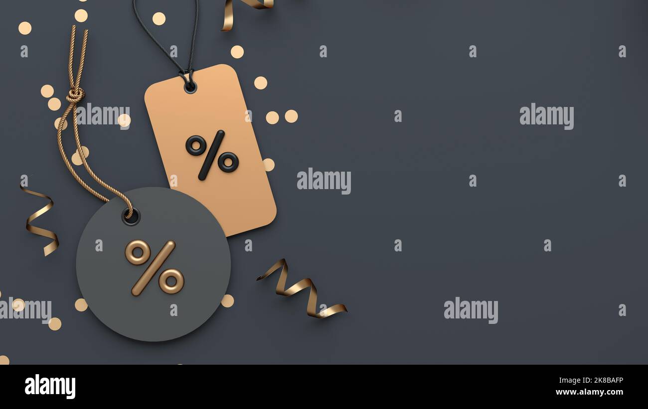 Black Friday Banner Hintergrundvorlage mit zwei Tags und Platz zum Kopieren in Flat Lay 3D Rendering. Werberabatt und Online-Shopping Konz Stockfoto