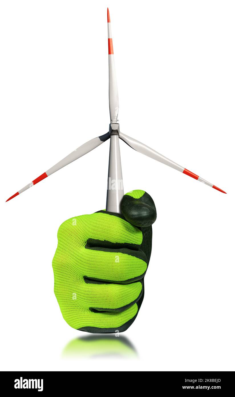 Nahaufnahme einer Hand mit grünem und schwarzem Arbeitshandschuh, der eine weiße und rote Windturbine auf weißem Hintergrund isoliert hält. Konzept für erneuerbare Energien. Stockfoto