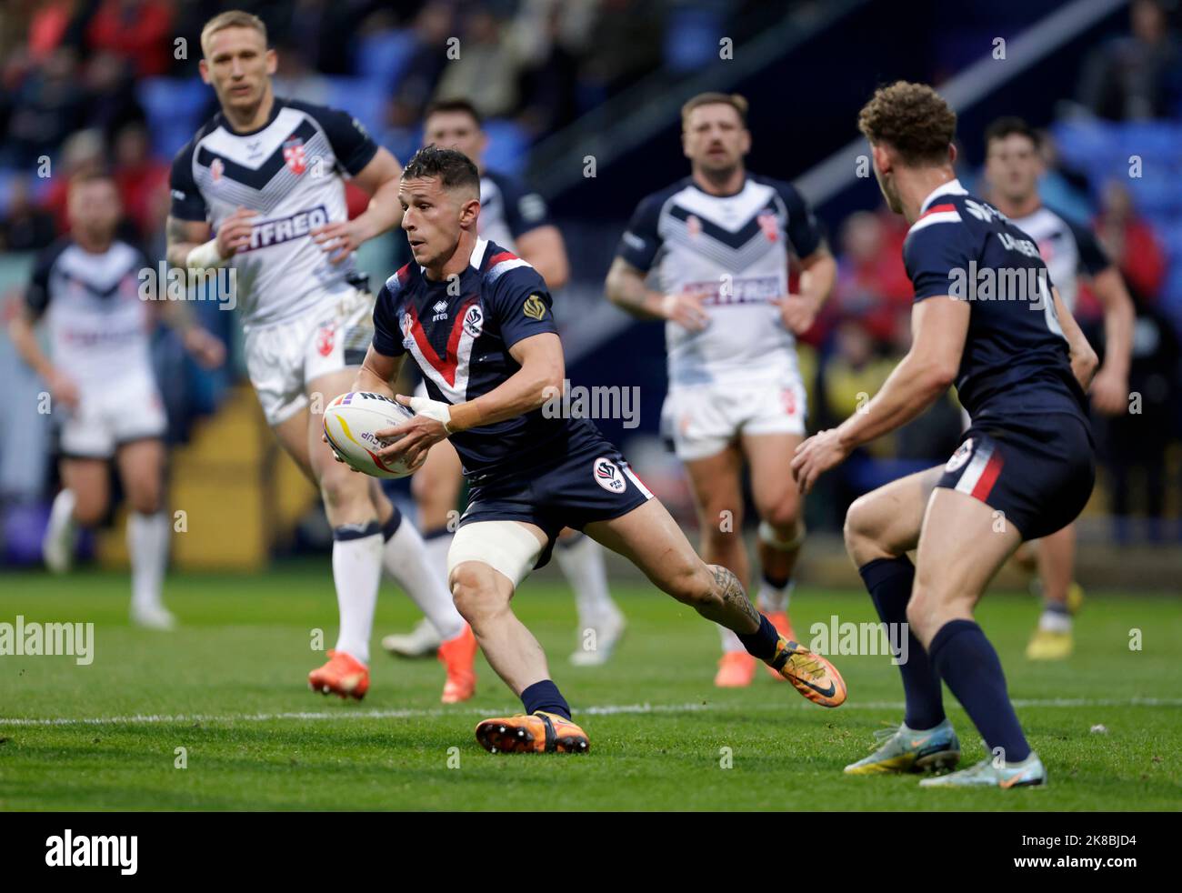 Der Franzose Morgan Escare während des Rugby-League-Weltcup-Spiels der Gruppe A im Stadion der Universität von Bolton, Bolton. Bilddatum: Samstag, 22. Oktober 2022. Stockfoto
