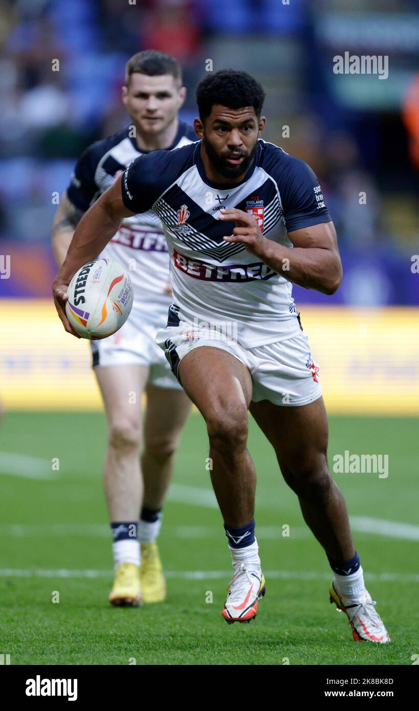 Der englische Kallum Watkins während des Rugby League World Cup-Spiels der Gruppe A im University of Bolton Stadium, Bolton. Bilddatum: Samstag, 22. Oktober 2022. Stockfoto